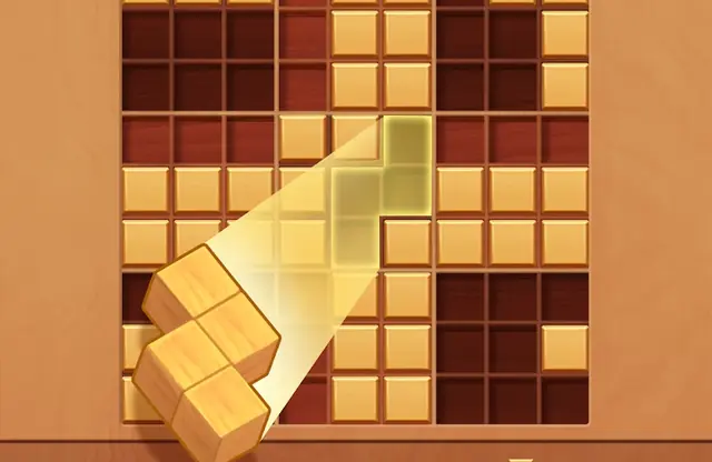 Detail dřevěné mřížky hry Woodoku s poskládanými dílky